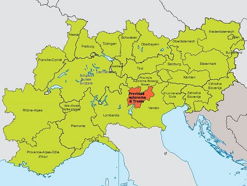 cartina che illustra la posizione del Trentino nello spazio alpino